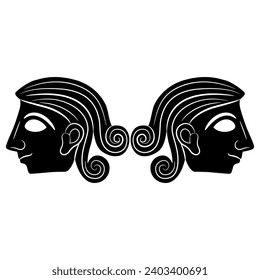 Symmetrical design with two stylized human heads. Ancient Minoan design. Black and white negative silhouette.