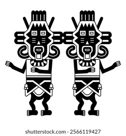 Symmetrical design with two stylized human figurines from Paracas. Twin heroes. Indigenous ethnic Native American design from ancient Peru. Black and white silhouette.