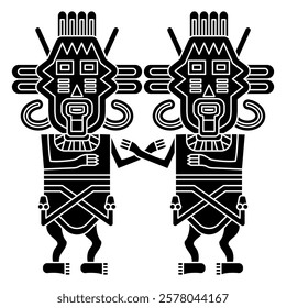 Symmetrical design with two stylized human figurines from Paracas. Twin heroes. Indigenous ethnic Native American design from ancient Peru. Black and white silhouette.