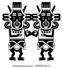 Symmetrical design with two stylized human figurines from Paracas. Twin heroes. Indigenous ethnic Native American design from ancient Peru. Black and white silhouette.