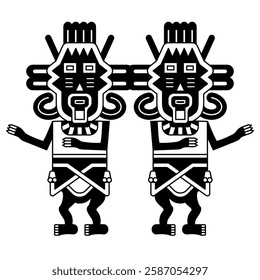 Symmetrical design with two stylized human figurines from Paracas. Twin heroes. Indigenous ethnic Native American design from ancient Peru. Black and white silhouette.