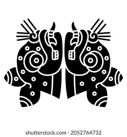 Symmetrical design with two stylized jaguar heads. Native American art of Aztec Indians from Mexican codex. Black and white negative silhouette.