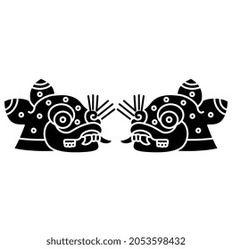 Symmetrical design with two stylized jaguar heads. Native American art of Aztec Indians from Mexican codex. Black and white negative silhouette.