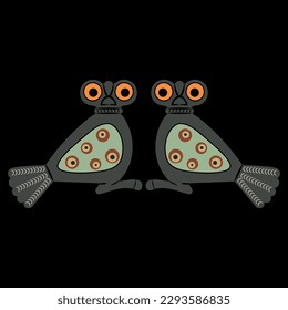 Symmetrical design with two stylized owl birds. Ancient Roman animal design. On black background.