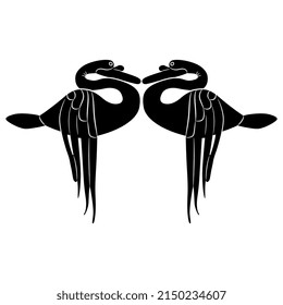 Symmetrical design with two stylized swan birds. Scythian animal design from Pazyryk. Black and white negative  silhouette.