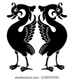 Diseño simétrico con dos aves acuáticas estilizadas. Cisne, ganso o pato. Arte vintage. Ilustración vectorial aislada. Silueta negativa en blanco y negro.