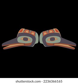 Symmetrical design with two totem raven heads. Ethnic bird mask. Native American animal design of Tlingit Indians. On black background.