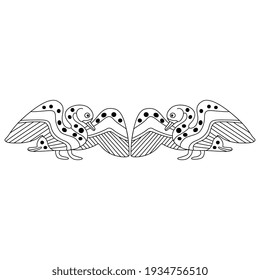 Symmetrical design with two waterfowl birds with open wings. Swans, ducks or gooses. Ancient Greek vase painting animal motif. Ethnic folk style. Black and white linear silhouette.