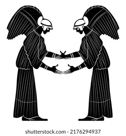 Symmetrical design with two winged ancient Greek goddesses or angels. Vase painting style. Black and white silhouette.