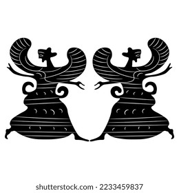 Diseño simétrico con dos antiguas diosas griegas aladas. o Victoria. Silueta blanca y negra. Estilo étnico.