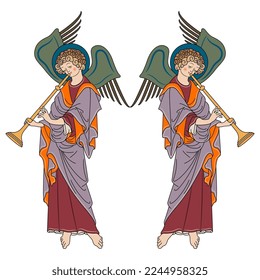 Symmetrical design with two winged angels playing trumpets. Medieval Christian symbol. Isolated vector illustration.