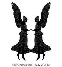 Symmetrical design with two winged antique goddesses or angels. Black and white negative silhouette.