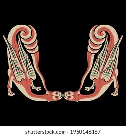 Symmetrical design with two winged medieval dragons. Aspid covering its ear with his tail. Gothic illuminated manuscript motif. On black background.