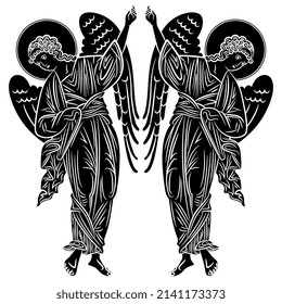 Symmetrical design with two winged medieval angels holding spears. Russian Orthodox Christian design. Black and white negative silhouette.