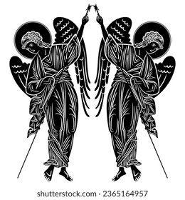 Symmetrical design with two winged medieval angels with spears. Russian Orthodox Christian design. Isolated vector illustration. Black and white negative silhouette.