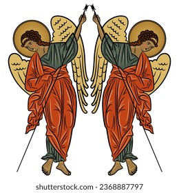 Symmetrical design with two winged medieval angels with spears. Russian Orthodox Christian design. Isolated vector illustration. 