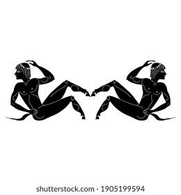 Symmetrical design with two young satyrs. Ancient Greek mythology. Vase painting style. Black and white silhouette.