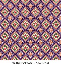 Patrón de diamante simétrico con motivos geométricos en capas en colores vibrantes, inspirado en el arte popular tradicional.
