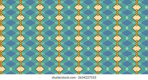 Un patrón de diamante simétrico en tonos de azul y verde con una estética vintage.