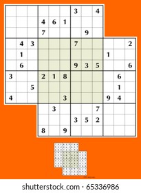 Symmetrical Double-Doku. 36 clues (4 empty sub-regions). Very easy. Vector.