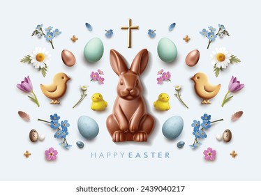 Symmetrical Easter composition made of Easter elements and cute chocolate bunny in the middle