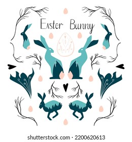 Symmetrical easter poster in blue colors. Rabbits, eggs, branches and flowers bud in square shape. 