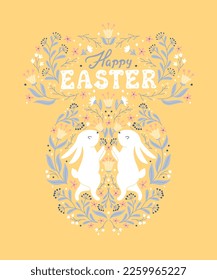 Symmetrical Easter vintage card with white hares in folk style with flowers. Cartoon cute animal characters in hand-drawn doodle style. Groovy lettering. Limited monochrome pastel palette. Vector