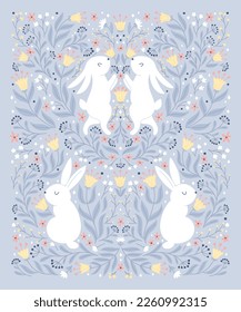 Symmetrical Easter vintage card with white hares in folk style with fantastic flowers. Cartoon cute animal characters in hand-drawn doodle style. Limited monochrome pastel palette. Vector