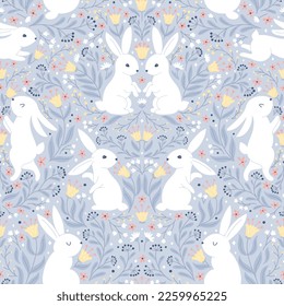 Symmetrical easter vintage seamless pattern with white hares in folk style with fantastic flowers. Cartoon cute animal characters in hand-drawn doodle style. Limited pastel palette. Vector