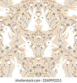 Patrón simétrico de la época de la Semana Santa sin fisuras con arcos blancos de estilo folclórico con flores fantásticas. Dibujo de personajes lindos de animales al estilo del doodle dibujado a mano. Paleta de colores pastel monocroma limitada. Vector