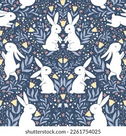 Symmetrical easter vintage seamless pattern with white hares in folk style with fantastic flowers. Cartoon cute animal characters in hand-drawn doodle style. Limited pastel palette. Vector