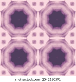 Symmetrical elegant kaleidoscope-like pattern. Dominated by soft purple hues. Calming and serene atmosphere. Repeating and mirrored geometric shapes. Octagons and squares form intricate design.