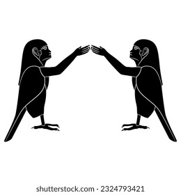 Symmetrical ethnci design with two Ba Birds. Ancient Egyptian sacred symbol of human soul. Black and white silhouette.