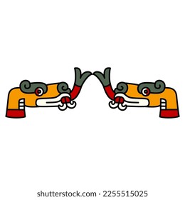 Symmetrical ethnic animal design with two stylized heads of snake or dragon with forked tongue. Native American art of Aztec Indians from Mexican codex. Isolated vector illustration.