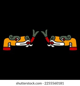 Symmetrical ethnic animal design with two stylized heads of snake or dragon with forked tongue. Native American art of Aztec Indians from Mexican codex. On black background.