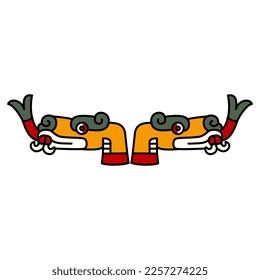 Symmetrical ethnic animal design with two stylized heads of snake or dragon with forked tongue. Native American art of Aztec Indians from Mexican codex. Isolated vector illustration.