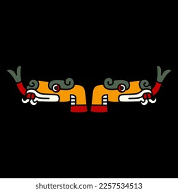 Symmetrical ethnic animal design with two stylized heads of snake or dragon with forked tongue. Native American art of Aztec Indians from Mexican codex. On black background.