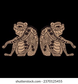 Symmetrical ethnic animal design with two seated funny frogs or toads. Native American art of Maya Indians. On black background.