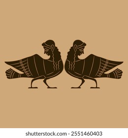 Symmetrical ethnic animal design with two Sirens or Harpies. Fantastic birds with women's heads. Ancient Greek mythological creature. Monochrome silhouette. Vase painting style.