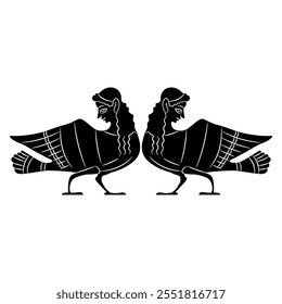 Symmetrical ethnic animal design with two Sirens or Harpies. Fantastic birds with women's heads. Ancient Greek mythological creature. Black and white silhouette. Vase painting style.