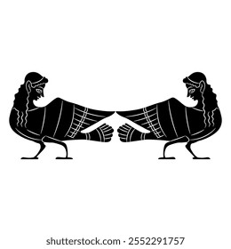 Symmetrical ethnic animal design with two Sirens or Harpies. Fantastic birds with women's heads. Ancient Greek mythological creature. Black and white silhouette. Vase painting style.