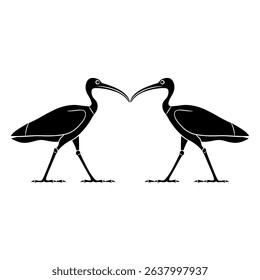 Symmetrical ethnic animal design with two standing ibises. Ancient Egyptian sacred bird. Black and white linear silhouette.