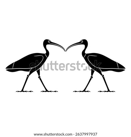 Symmetrical ethnic animal design with two standing ibises. Ancient Egyptian sacred bird. Black and white linear silhouette.