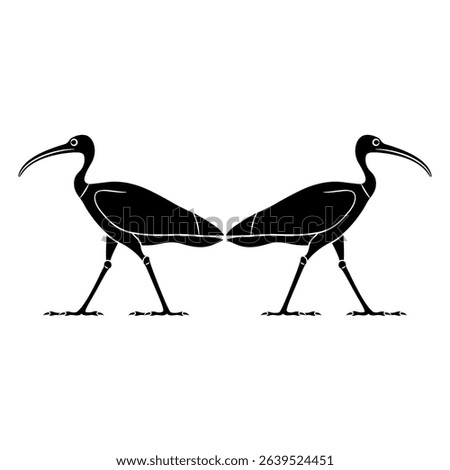 Symmetrical ethnic animal design with two standing ibises. Ancient Egyptian sacred bird. Black and white linear silhouette.
