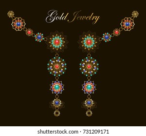 Symmetrical ethnic decoration with lapis lazuli, jasper and turquoise on dark background.