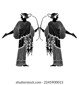 Symmetrical ethnic design with ancient Greek goddess Artemis holding bow. Vase painting style. Black and white negative silhouette. Isolated vector illustration.