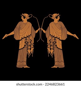 Symmetrical ethnic design with ancient Greek goddess Artemis holding bow. Vase painting style. On black background.