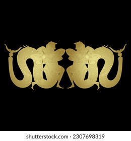 Symmetrical ethnic design with ancient Greek hero Heracles fighting river god Achelous with fish tail. Vase painting style. Golden glossy silhouette on black background.