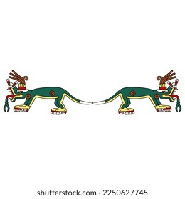 Symmetrical ethnic design or border with two fantastic monster animals. Native American art of Aztec Indians from Mexican codex.