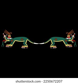 Symmetrical ethnic design or border with two fantastic monster animals. Native American art of Aztec Indians from Mexican codex. On black background.